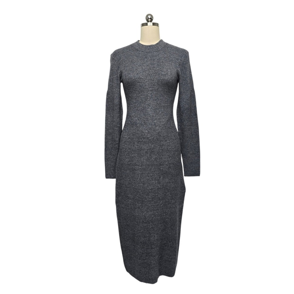 STAUD Women Charcoal Grey Ribbed Wool Blend Mock Neck Midi Sweater Dress Size M